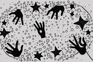 Two Hands Reaching out to Each Other, Arms, A Bubble In The Middle With A Ribbon Tiedo onto it, stars surrounding tattoo idea