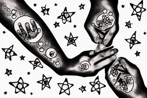 Two Hands Reaching out to Each Other, Arms, A Bubble In The Middle With A Ribbon Tiedo onto it, stars surrounding tattoo idea