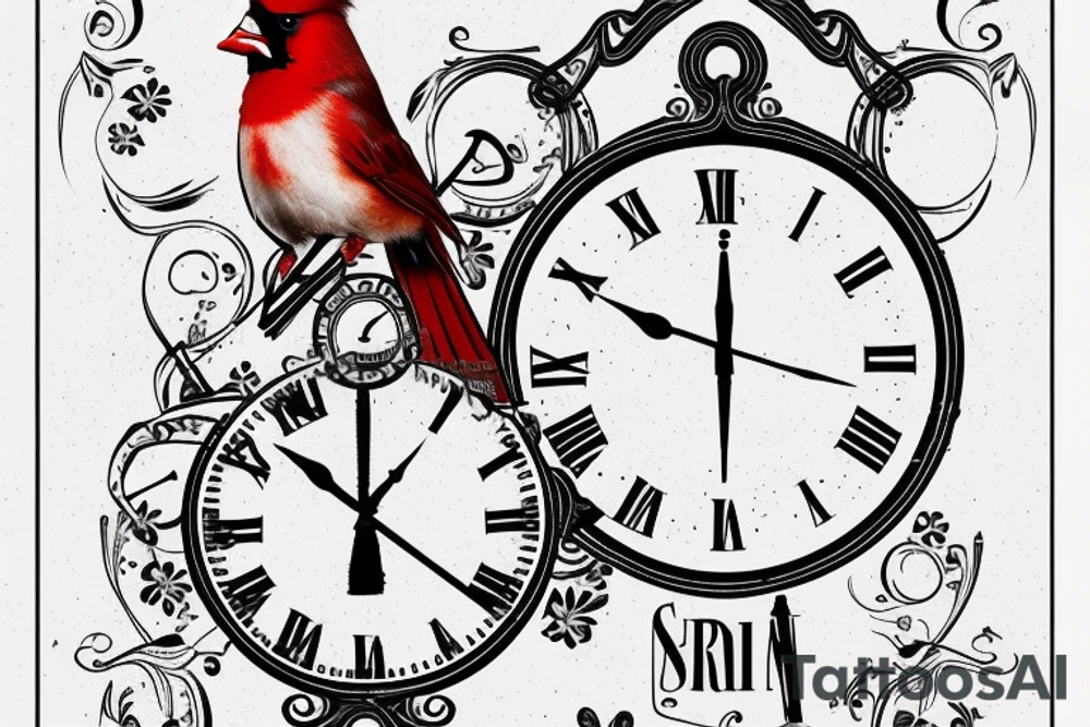 A cardinal sitting on a clock. On the clock have the time be 7:25. Have a ribbon with the words "I'm Free" draped over the clock. tattoo idea