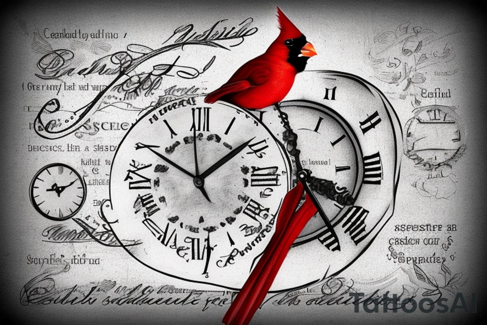 A cardinal sitting on a clock. On the clock have the time be 7:25. Have a ribbon with the words "I'm Free" draped over the clock. tattoo idea