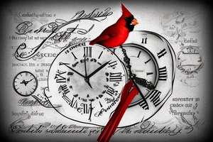 A cardinal sitting on a clock. On the clock have the time be 7:25. Have a ribbon with the words "I'm Free" draped over the clock. tattoo idea