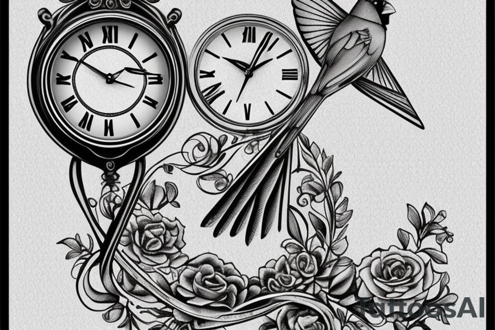 A cardinal sitting on a clock. On the clock have the time be 7:25. Have a ribbon with the words "I'm Free" draped over the clock. tattoo idea