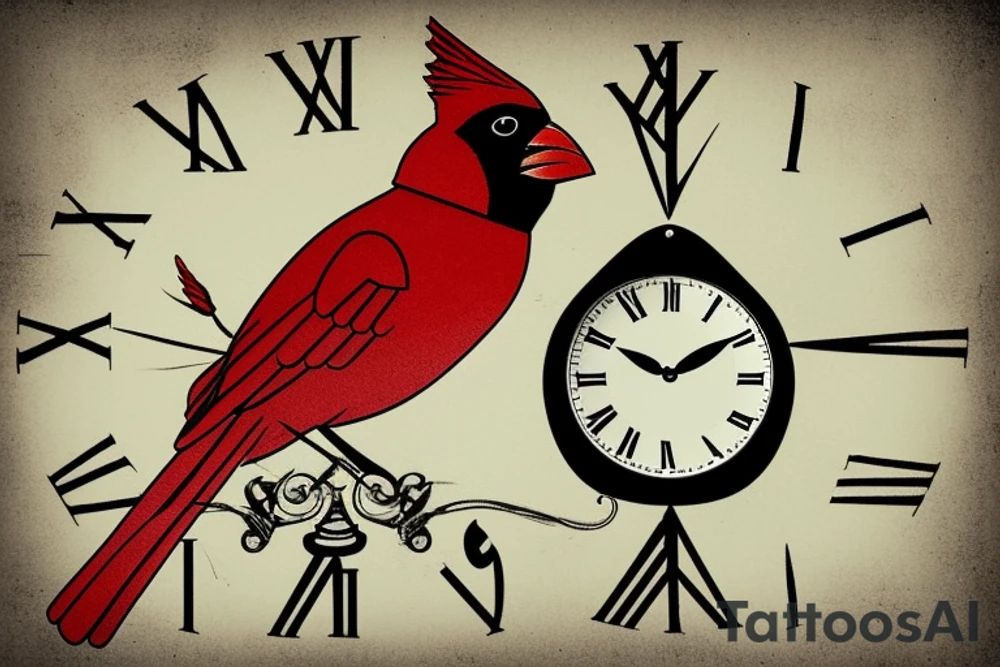 A cardinal sitting on a clock. On the clock have the time be 7:25. Have a ribbon with the words "I'm Free" draped over the clock. tattoo idea
