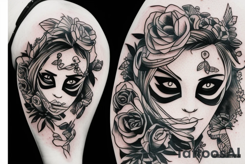 Girl with mask and gun tattoo idea
