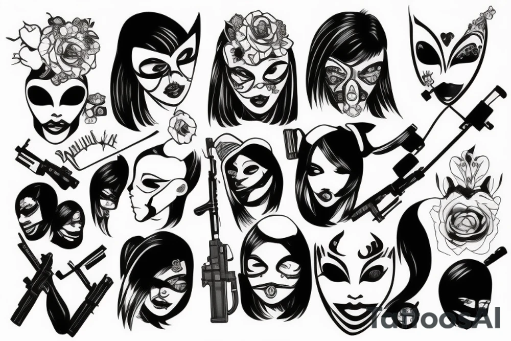 Girl with mask and gun tattoo idea