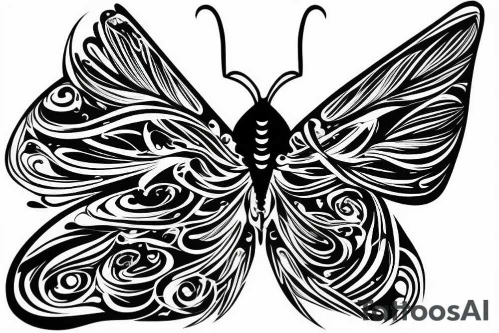 Black butterfly that one side of wing is Wave tattoo idea