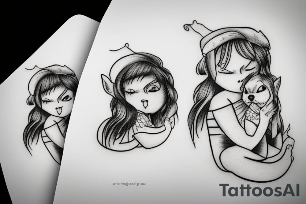 Girl next to a small dog hug tattoo idea