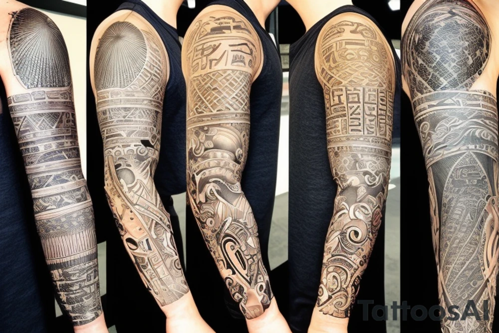 Full sleeve tattoo with references to Egypt, Rome, symbolism tattoo idea