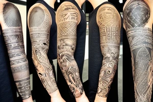 Full sleeve tattoo with references to Egypt, Rome, symbolism tattoo idea