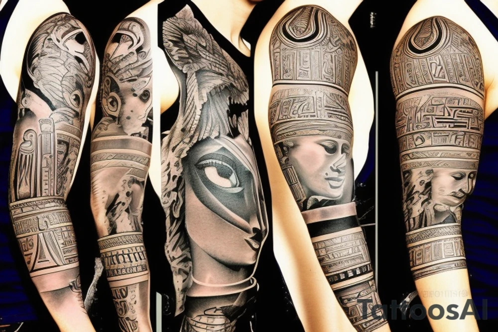 Full sleeve tattoo with references to Egypt, Rome, symbolism tattoo idea