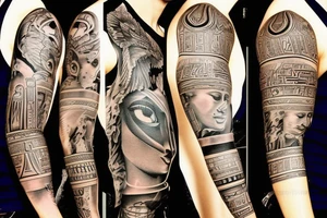 Full sleeve tattoo with references to Egypt, Rome, symbolism tattoo idea