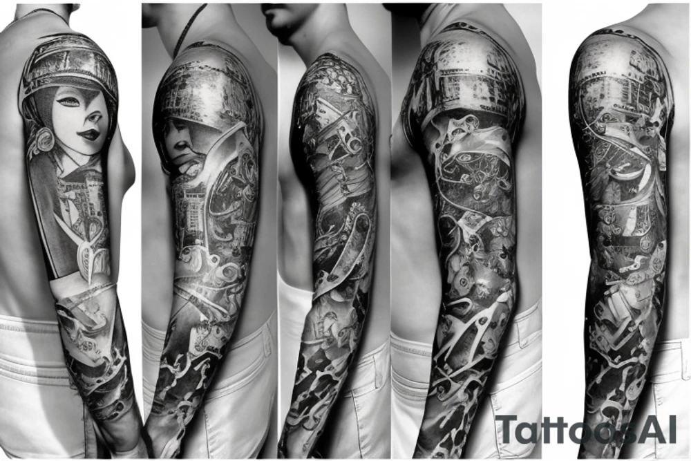 Sleeve tattoo about art history tattoo idea