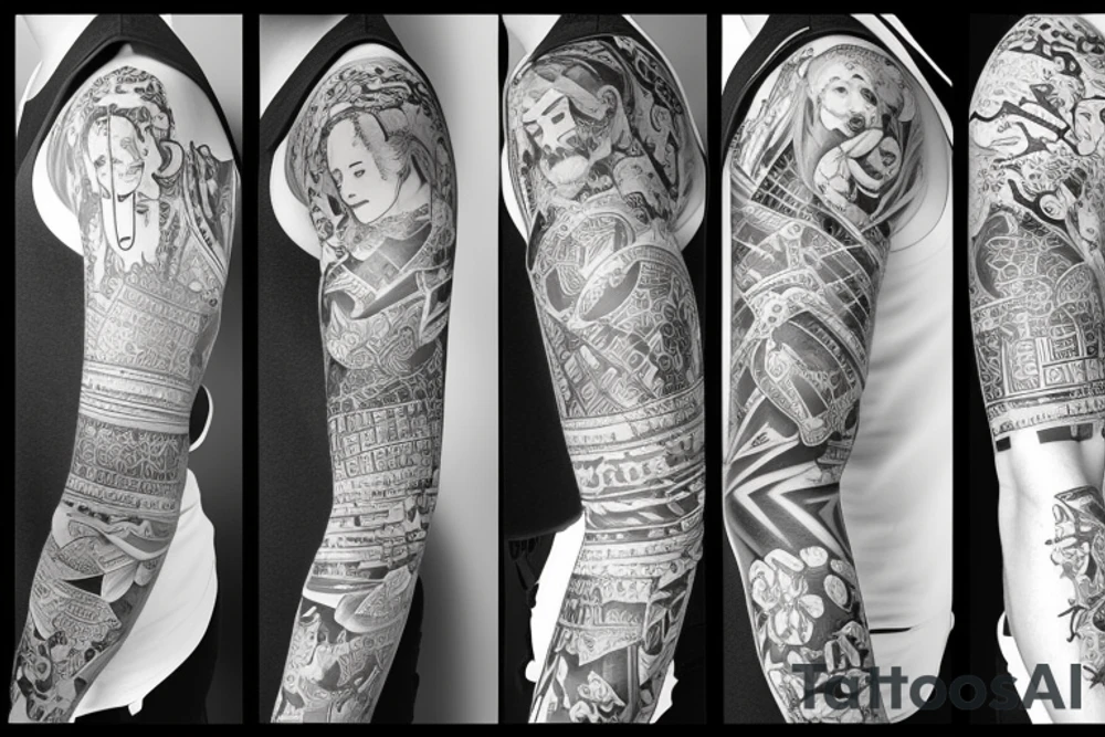 Sleeve tattoo about art history tattoo idea