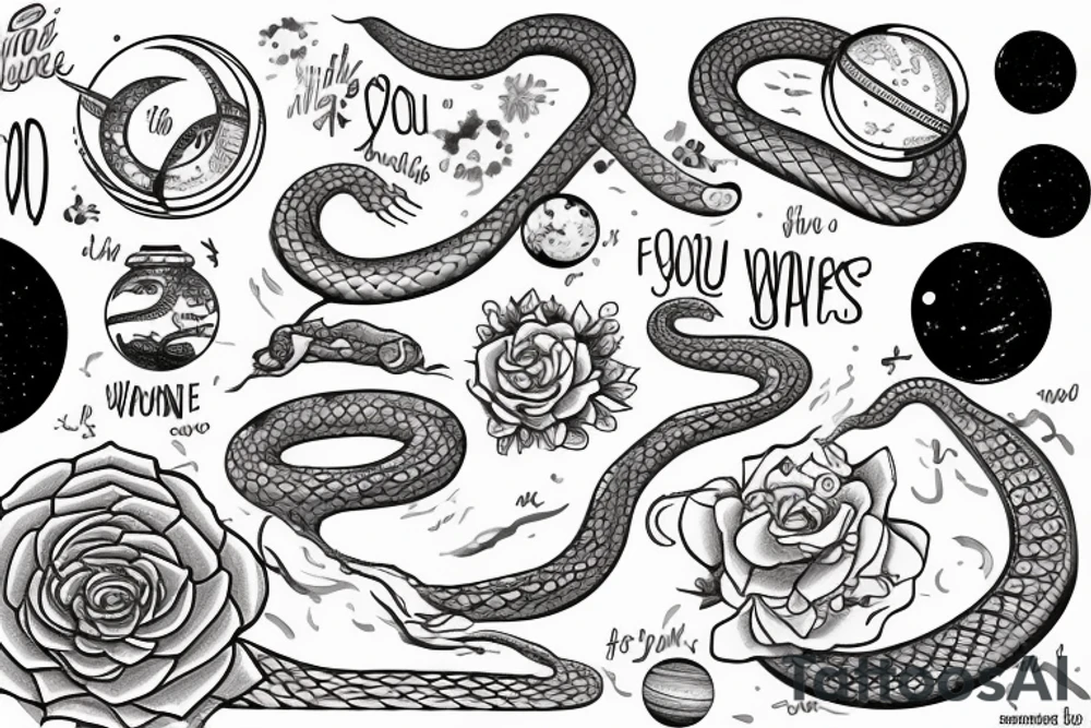 The words “ For you, a thousand times over” written in a single line, a snake crawling over it and a wave, jasmine flower and the space planets tattoo idea