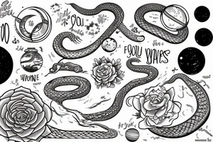 The words “ For you, a thousand times over” written in a single line, a snake crawling over it and a wave, jasmine flower and the space planets tattoo idea