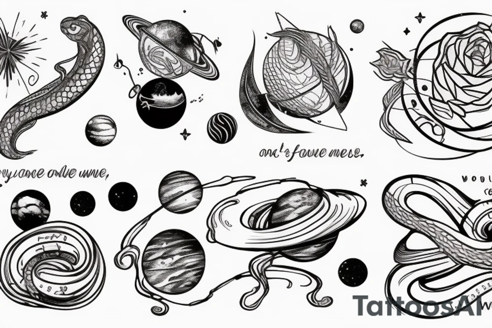 The words “ For you, a thousand times over” written in a single line, a snake crawling over it and a wave, jasmine flower and the space planets tattoo idea