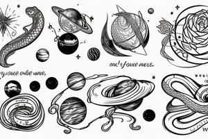 The words “ For you, a thousand times over” written in a single line, a snake crawling over it and a wave, jasmine flower and the space planets tattoo idea