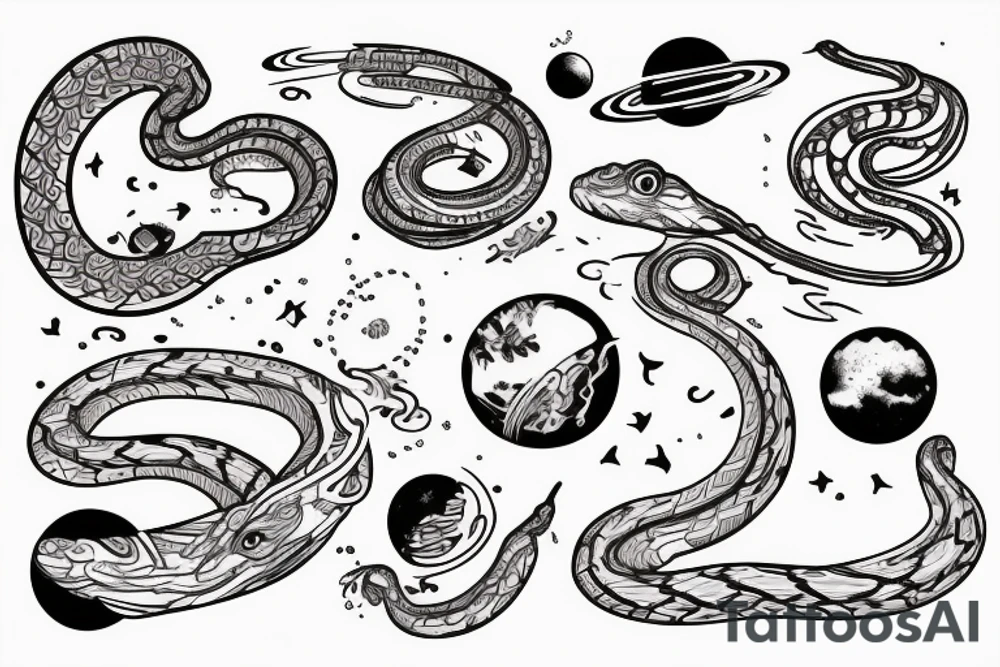 The words “ For you, a thousand times over” written in a single line, a snake crawling over it and a wave, jasmine flower and the space planets - all in a single line tattoo idea