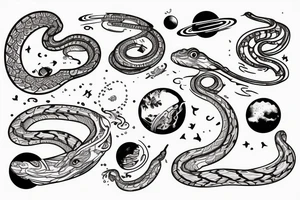 The words “ For you, a thousand times over” written in a single line, a snake crawling over it and a wave, jasmine flower and the space planets - all in a single line tattoo idea