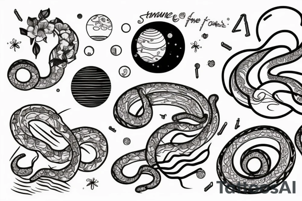 The words “ For you, a thousand times over” written in a single line, a snake crawling over it and a wave, jasmine flower and the space planets - all in a single line tattoo idea