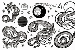 The words “ For you, a thousand times over” written in a single line, a snake crawling over it and a wave, jasmine flower and the space planets - all in a single line tattoo idea