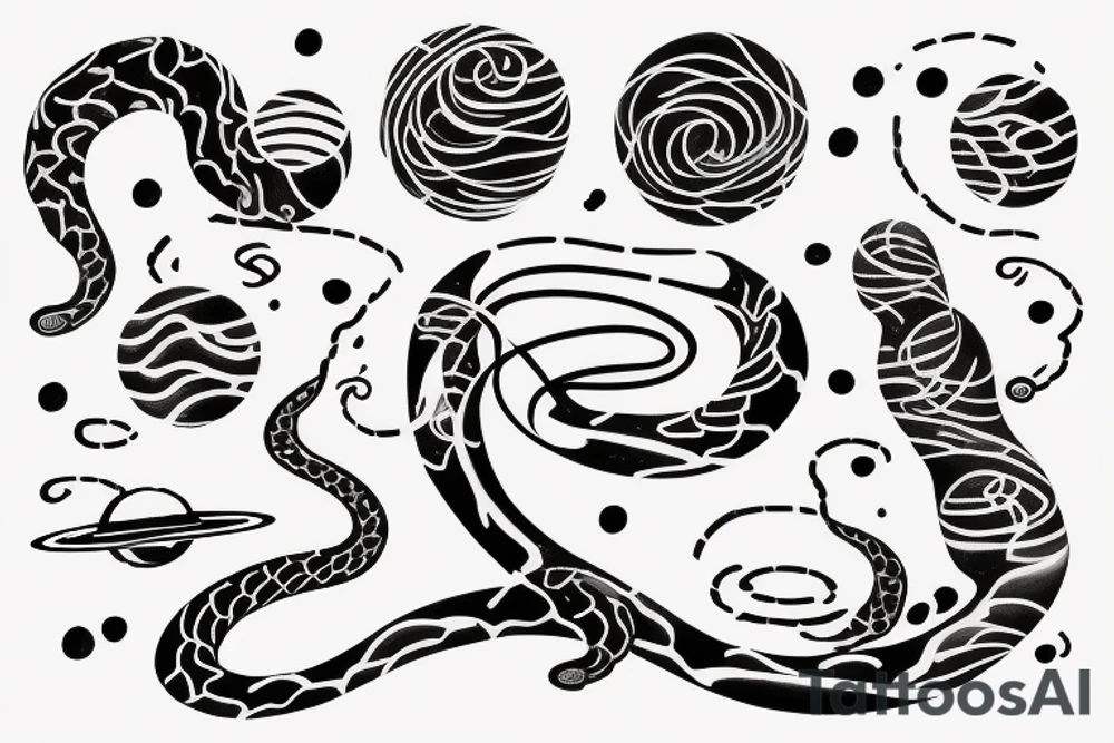 The words “ For you, a thousand times over” written in a single line, a snake crawling over it and a wave, jasmine flower and the space planets - all in a single line tattoo idea