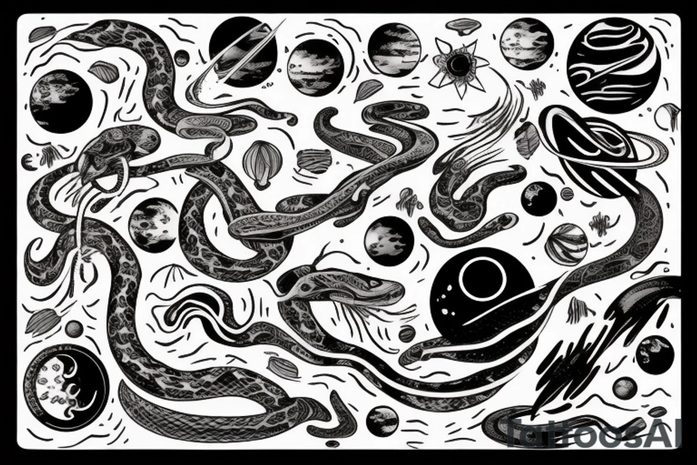 The words “ For you, a thousand times over” written in a single line, a snake crawling over it and a wave, jasmine flower and the space planets - all in a single line tattoo idea