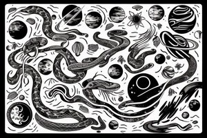 The words “ For you, a thousand times over” written in a single line, a snake crawling over it and a wave, jasmine flower and the space planets - all in a single line tattoo idea
