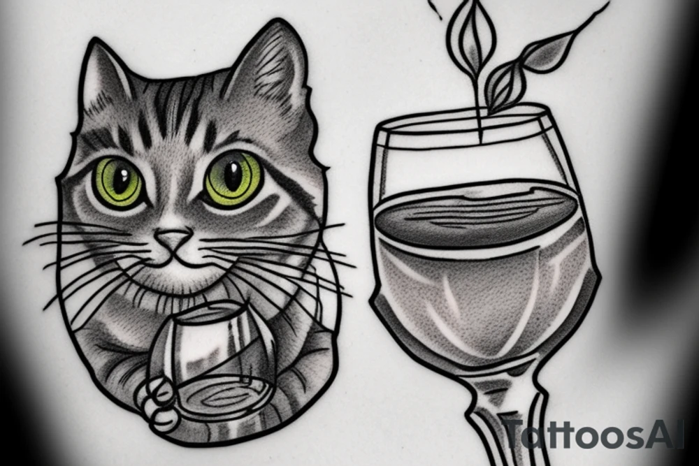 Grey tabby cat drinking a cocktail tattoo idea