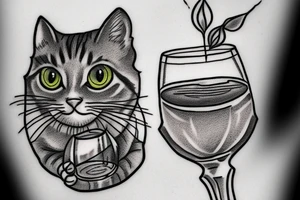 Grey tabby cat drinking a cocktail tattoo idea