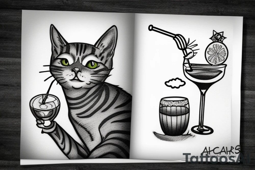 Grey tabby cat drinking a cocktail tattoo idea