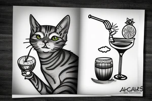 Grey tabby cat drinking a cocktail tattoo idea