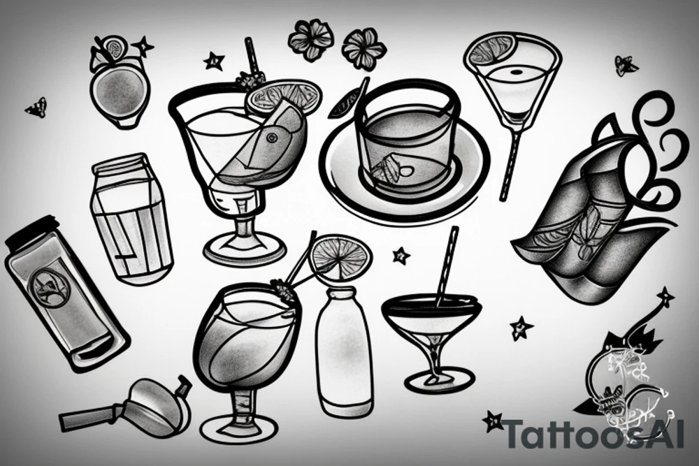 Grey tabby cat drinking a cocktail tattoo idea