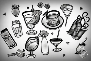 Grey tabby cat drinking a cocktail tattoo idea