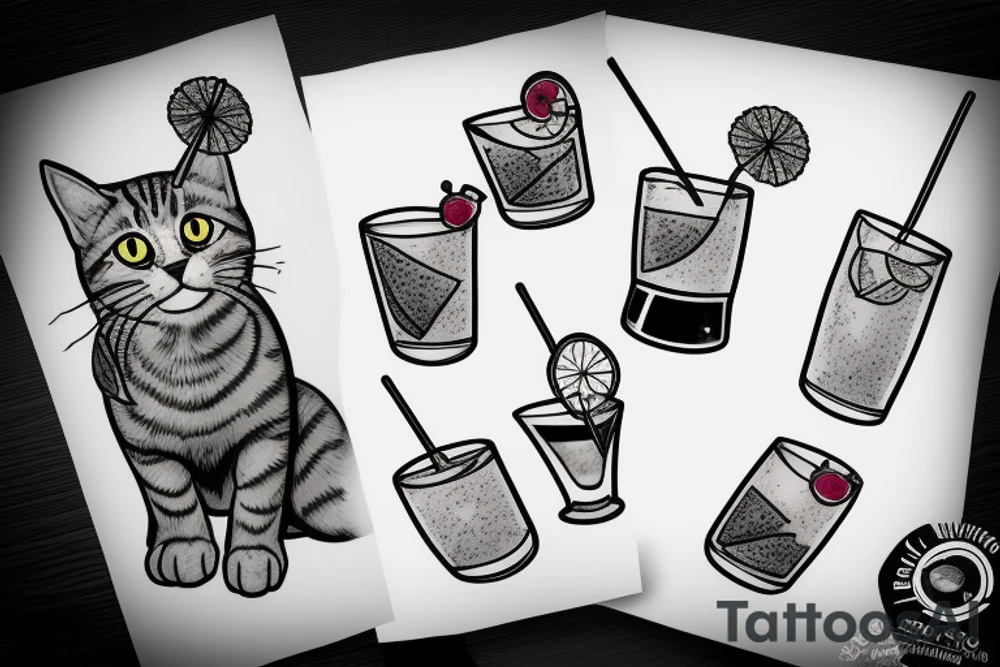 Grey tabby cat drinking a cocktail tattoo idea
