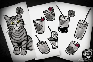 Grey tabby cat drinking a cocktail tattoo idea