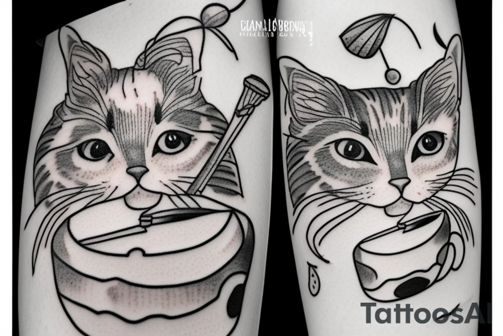 Grey tabby cat drinking a cocktail tattoo idea