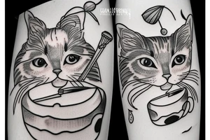 Grey tabby cat drinking a cocktail tattoo idea