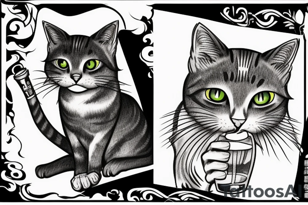 Grey tabby cat drinking a cocktail tattoo idea