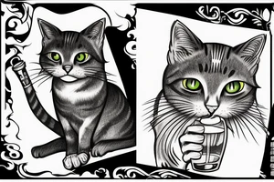 Grey tabby cat drinking a cocktail tattoo idea