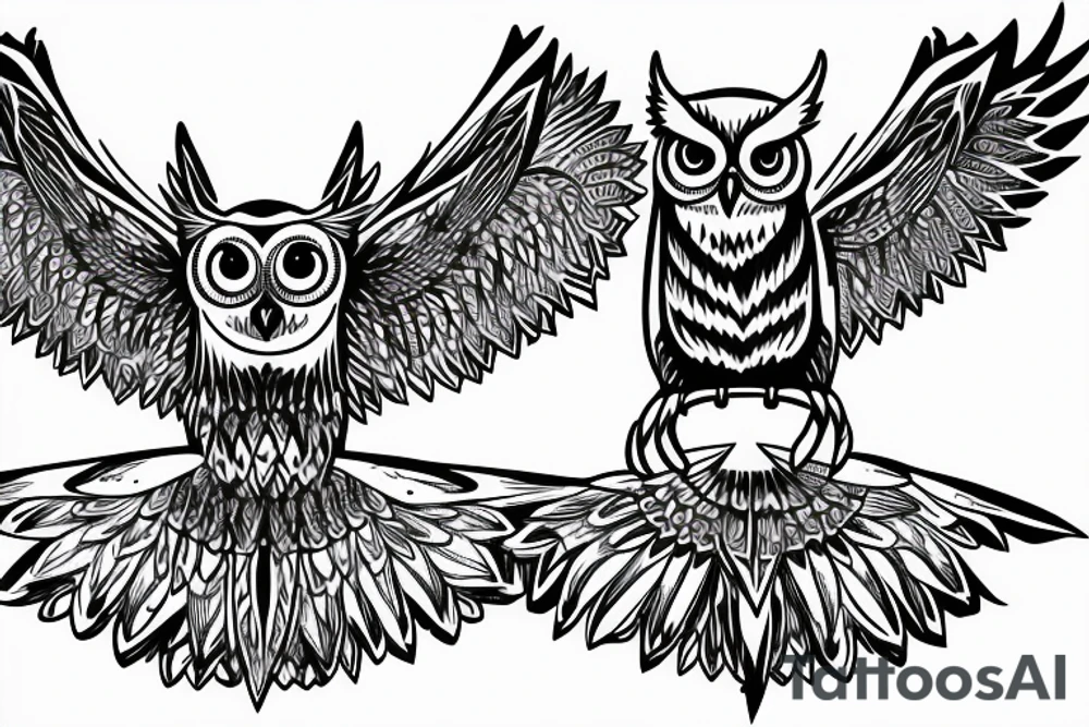 Back Tattoo Size, Owl stretching its wings, standing on top of an illuminati pyramid with the eye tattoo idea