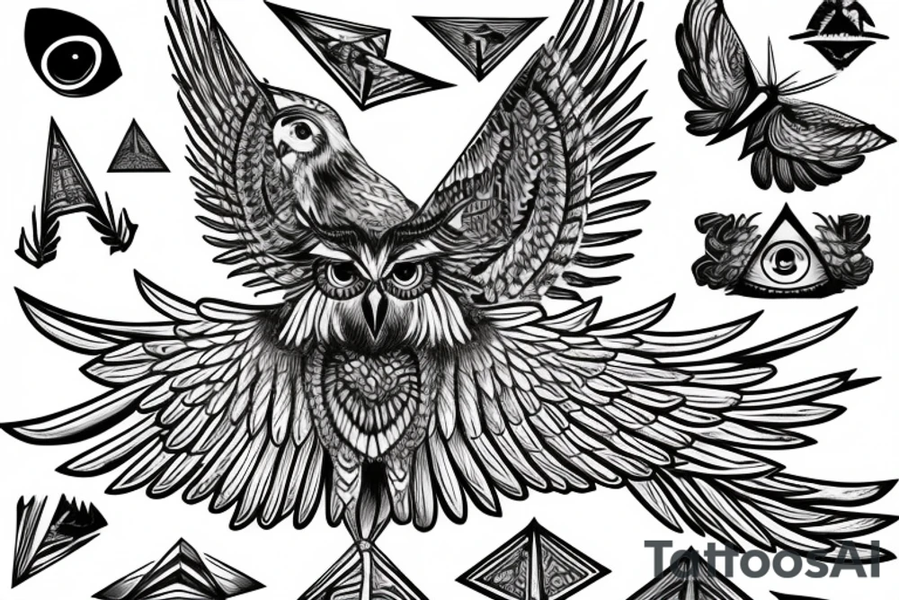 Back Tattoo Size, Owl stretching its wings, standing on top of an illuminati pyramid with the eye tattoo idea