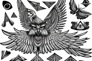 Back Tattoo Size, Owl stretching its wings, standing on top of an illuminati pyramid with the eye tattoo idea