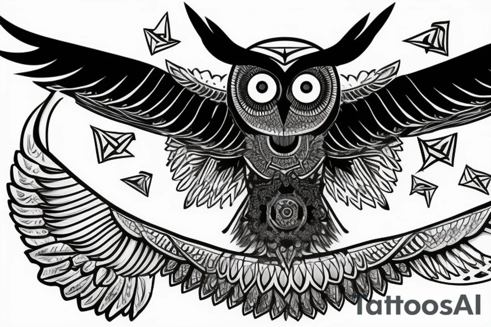 Back Tattoo Size, Owl stretching its wings, standing on top of an illuminati pyramid with the eye tattoo idea