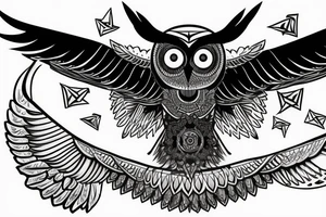 Back Tattoo Size, Owl stretching its wings, standing on top of an illuminati pyramid with the eye tattoo idea