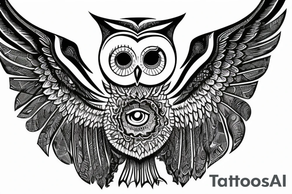 Back Tattoo Size, Owl stretching its wings, standing on top of an illuminati pyramid with the eye tattoo idea