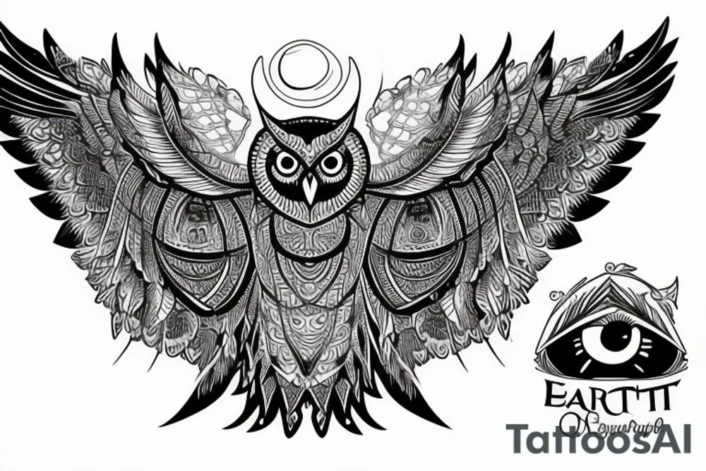 Back Tattoo Size, Owl stretching its wings, standing on top of pyramid with the eye inside it. tattoo idea