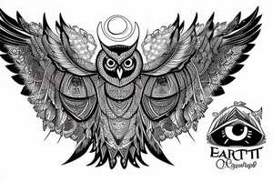 Back Tattoo Size, Owl stretching its wings, standing on top of pyramid with the eye inside it. tattoo idea