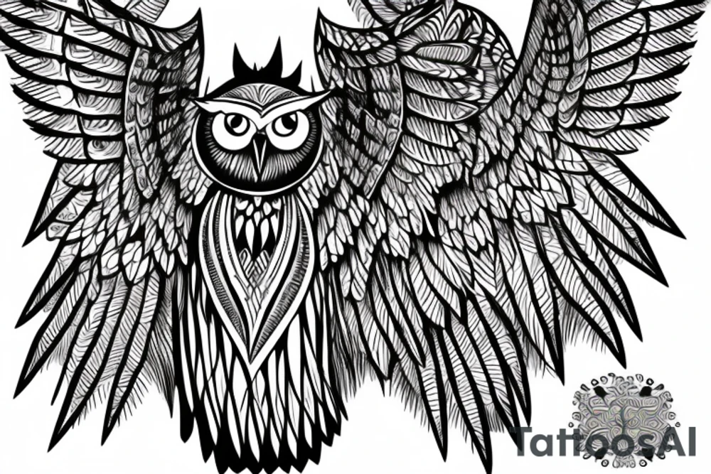 Back Tattoo Size, Owl stretching its wings, standing on top of pyramid with the eye inside it. tattoo idea
