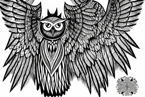 Back Tattoo Size, Owl stretching its wings, standing on top of pyramid with the eye inside it. tattoo idea